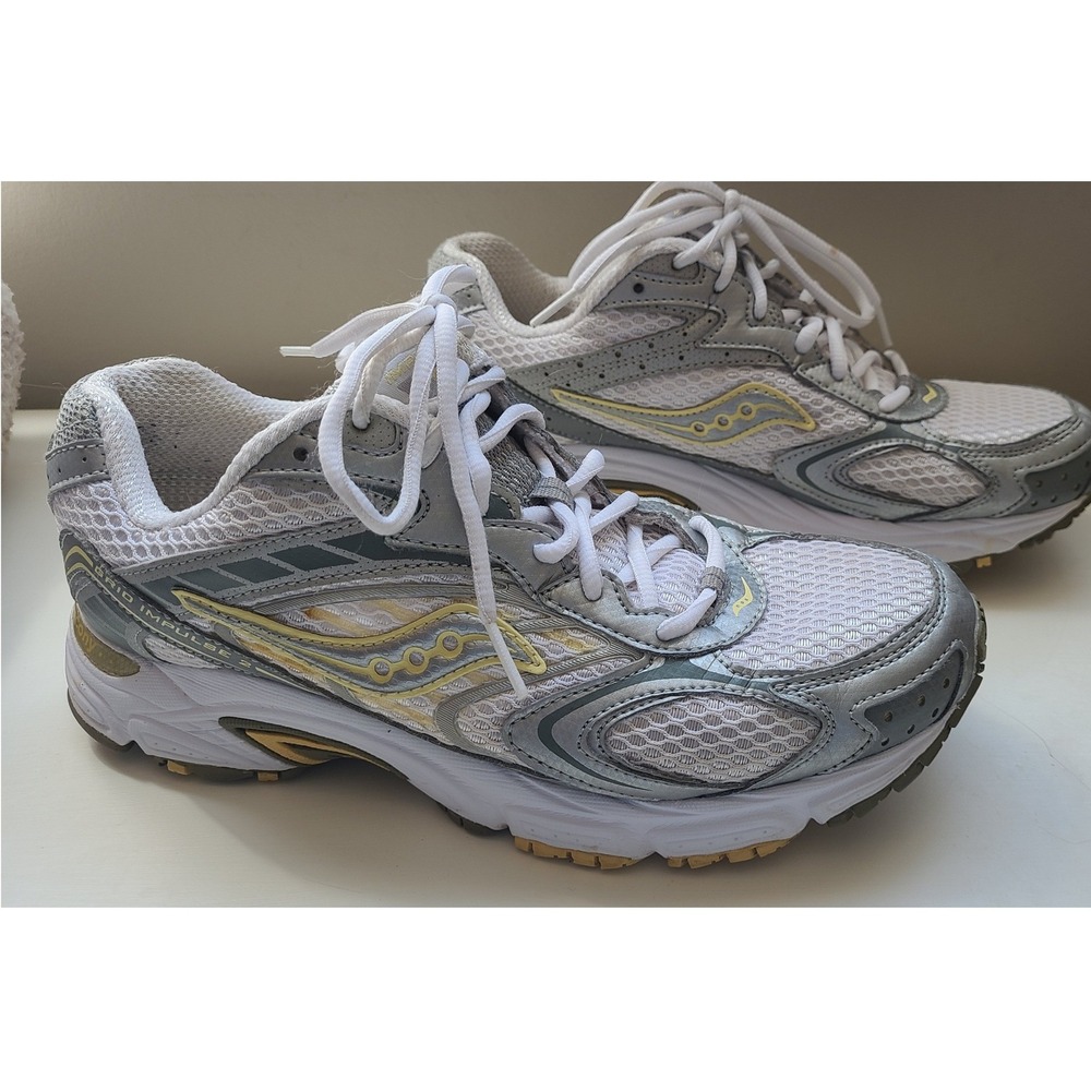 Saucony Grid Impulse 2 White Silver Yellow Running Shoes Womens 9.5